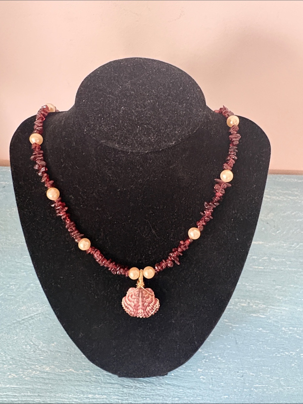 Vintage Chan Luu Garnet, pearl and seashell necklace